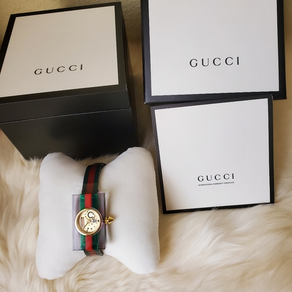 Gucci Rare Skeleton Sherry Line Leather Belt Buckle Green Watch - Picture 2 of 11